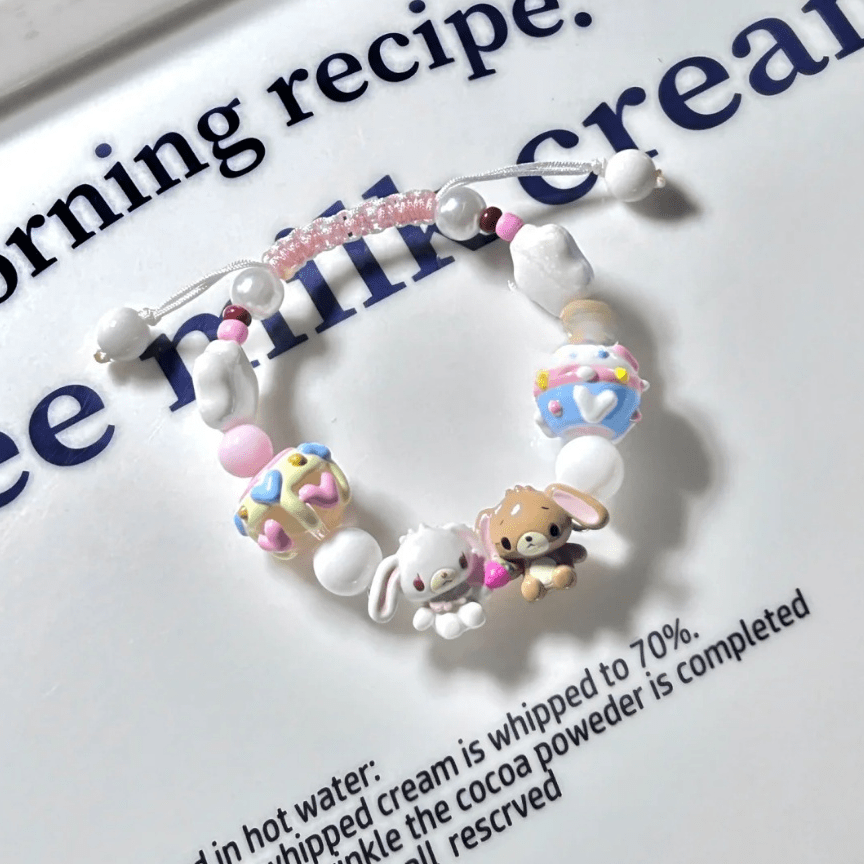 Cute Bunnies Cupcake Glass Bead Chain Bracelet