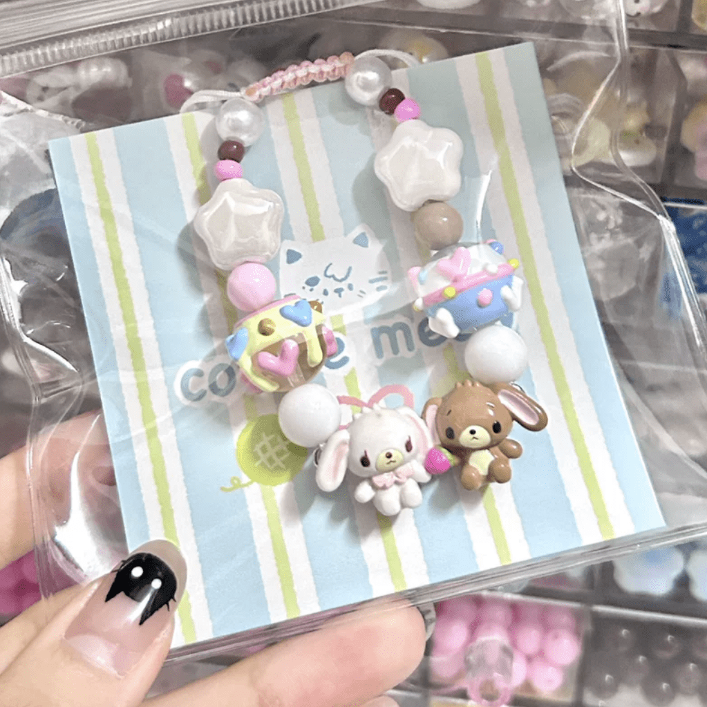 Cute Bunnies Cupcake Glass Bead Chain Bracelet