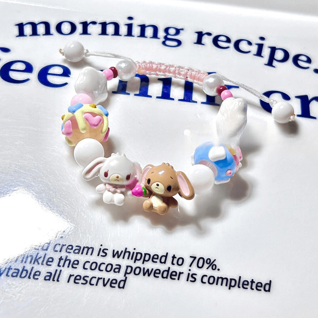 Cute Bunnies Cupcake Glass Bead Chain Bracelet