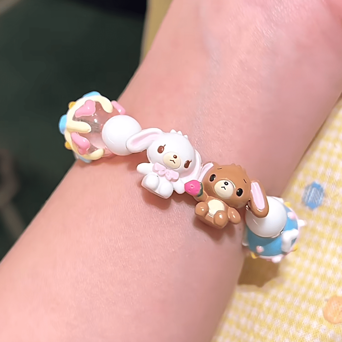 Cute Bunnies Cupcake Glass Bead Chain Bracelet
