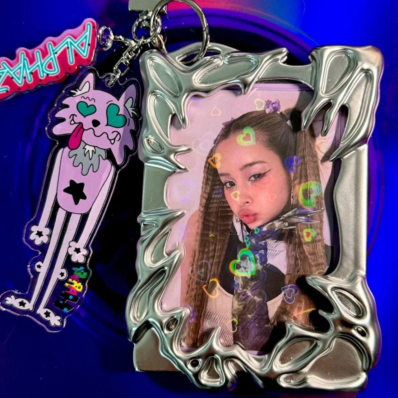 Cyberpunk Kpop Tone Photocard Holder Keychain Irregular Silver