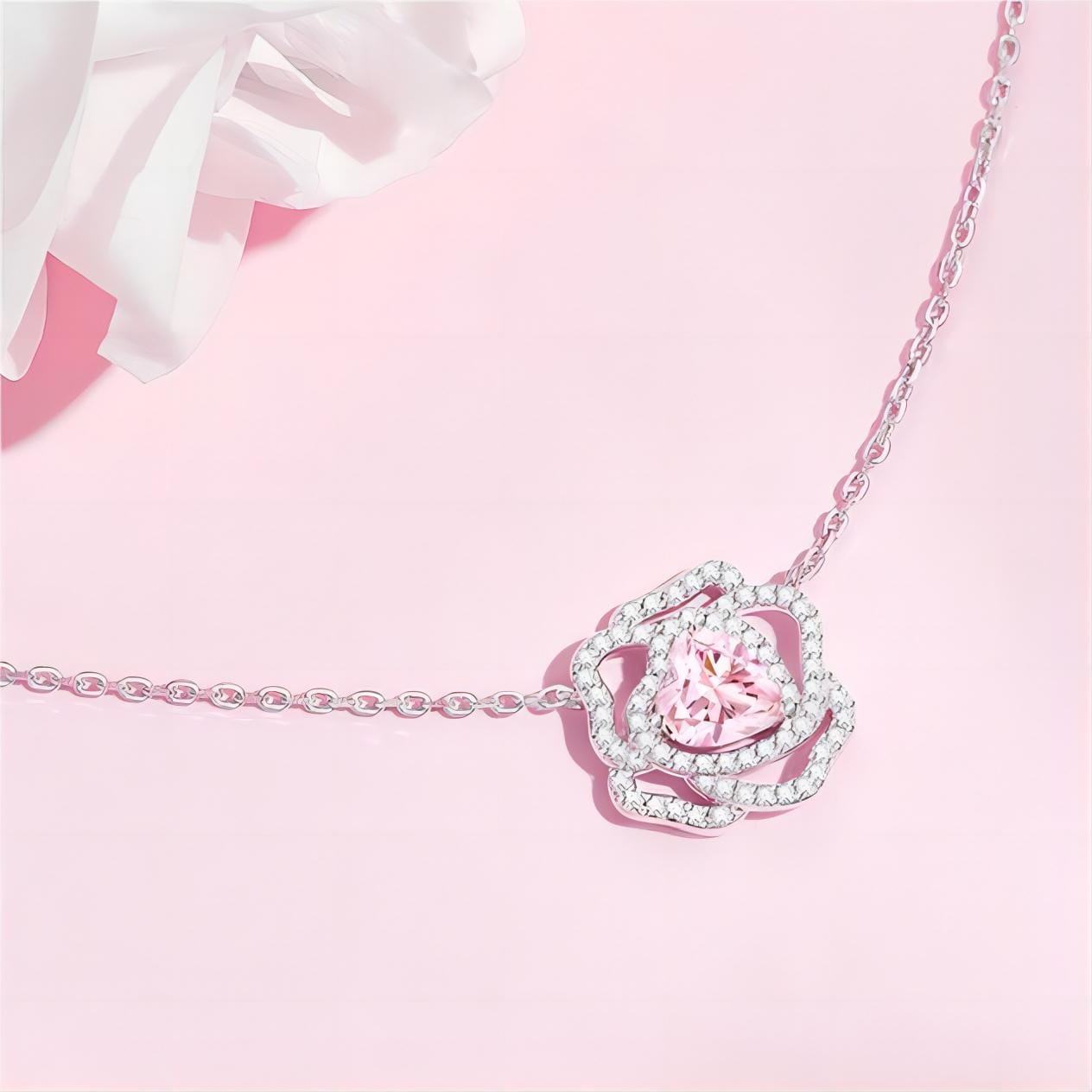 Pink Crystal Floral Heart Necklace