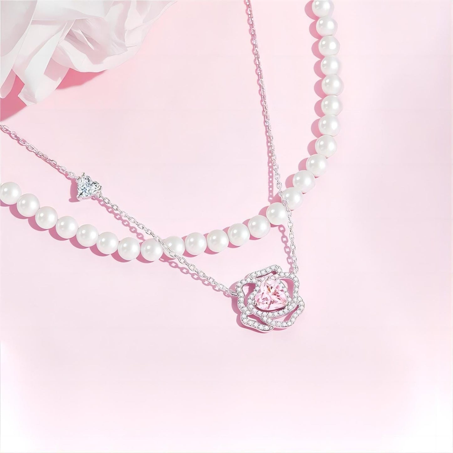 Pink Crystal Floral Heart Necklace