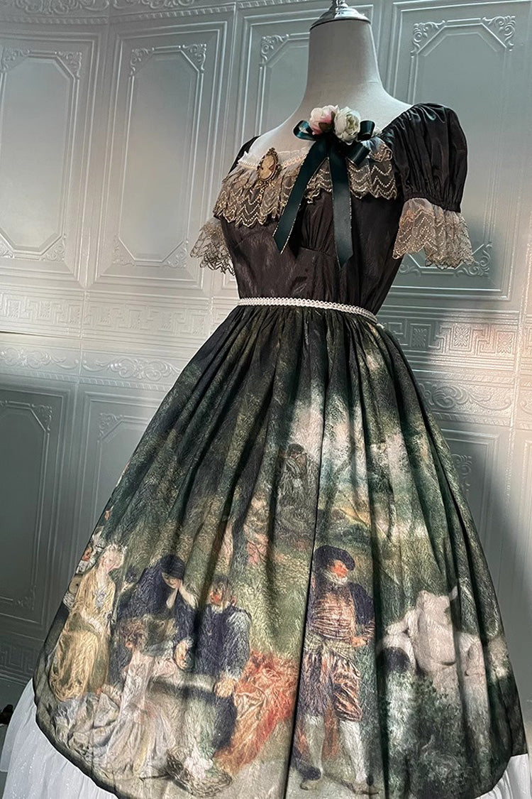 Emerald Short Sleeve Forest Dance Print Ruffle Elegant Sweet Lolita Dress