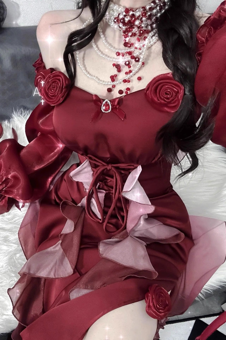 Crimson Bow-Embellished Strapless Lolita Gown with Long Sleeves