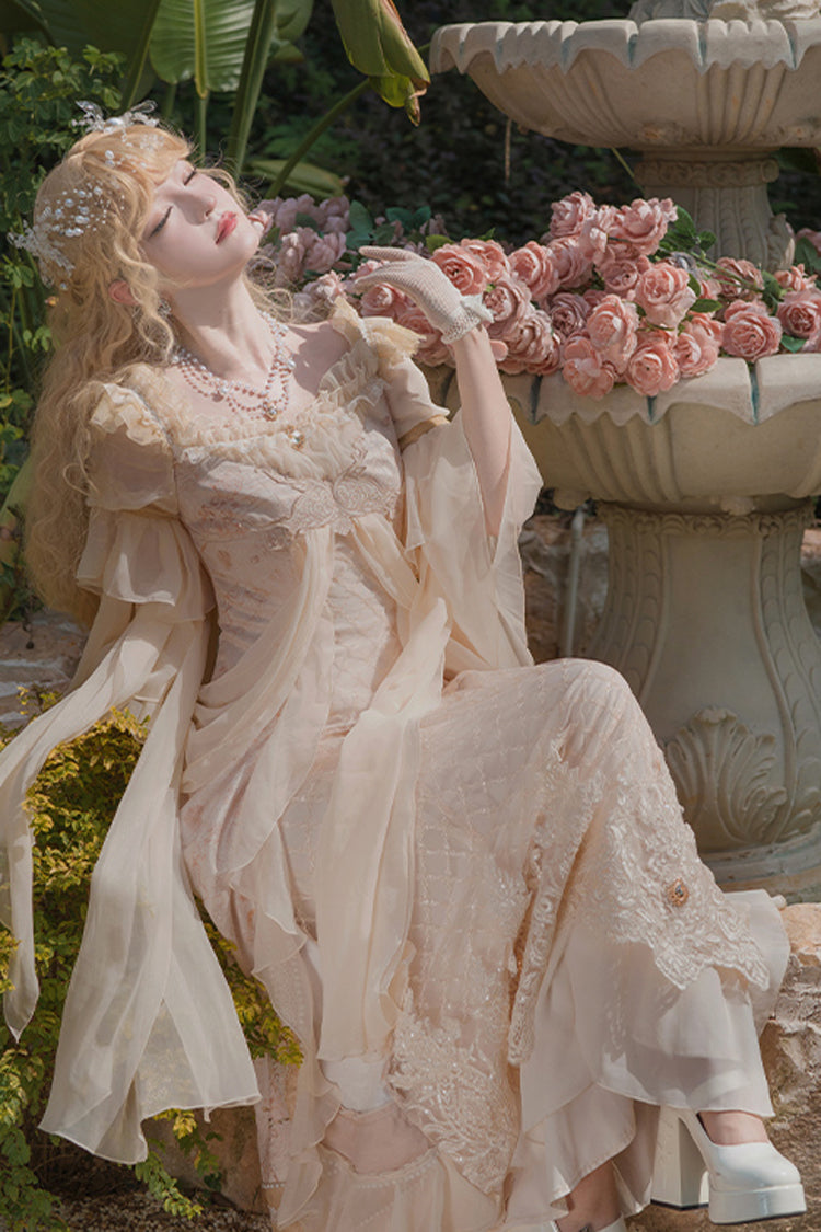 Bathing in the Light Short Sleeves Dress, Ruffle Embroidery Lace Sweet Elegant