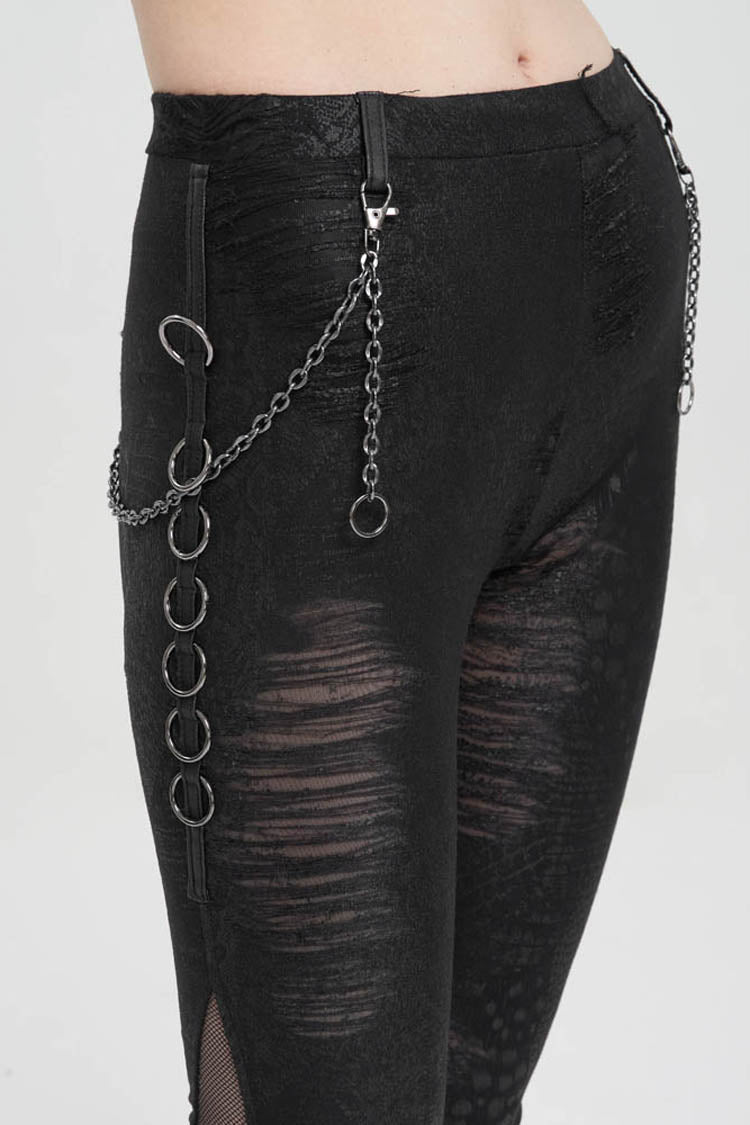 Gothic Black Knit Pants with Detachable Chain & Semi-Sheer Irregular Cut