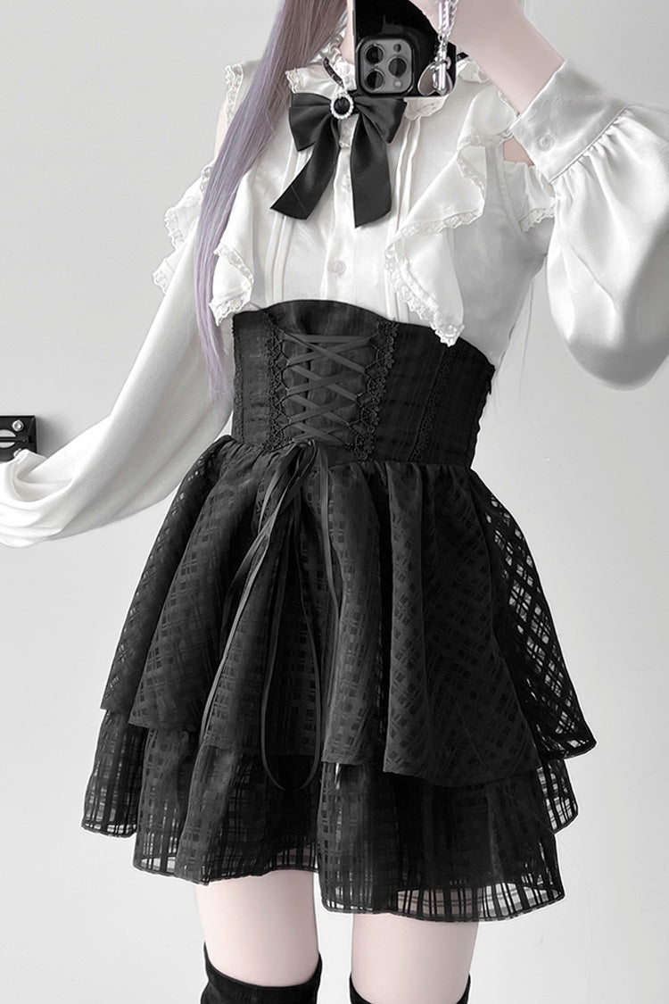 Noir Lace Bowknot Lace-Up Jirai Kei Skirt - Blackberry Rite