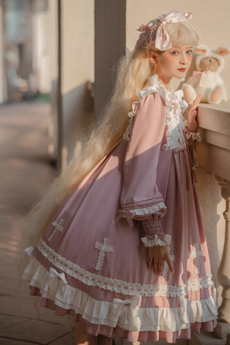 Blush Cross Wish Long-Sleeve Lace-Up Tiered Lolita Gown