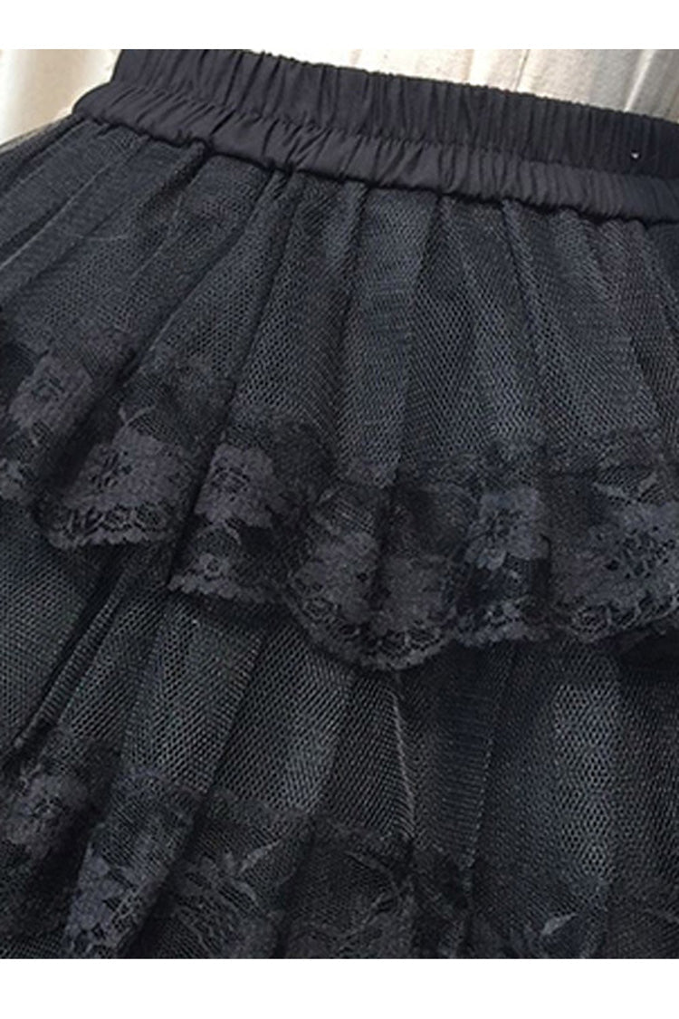Gothic Lolita Tiered Skirt with Organza Overlay and Lace Accents in Cotton