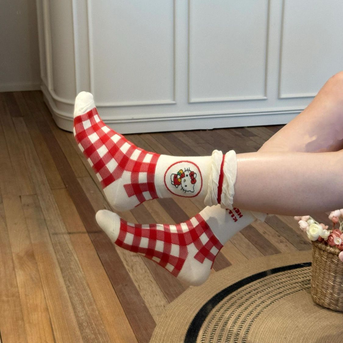 Cartoon Plaid Bubble Lace Kitty Tube Socks
