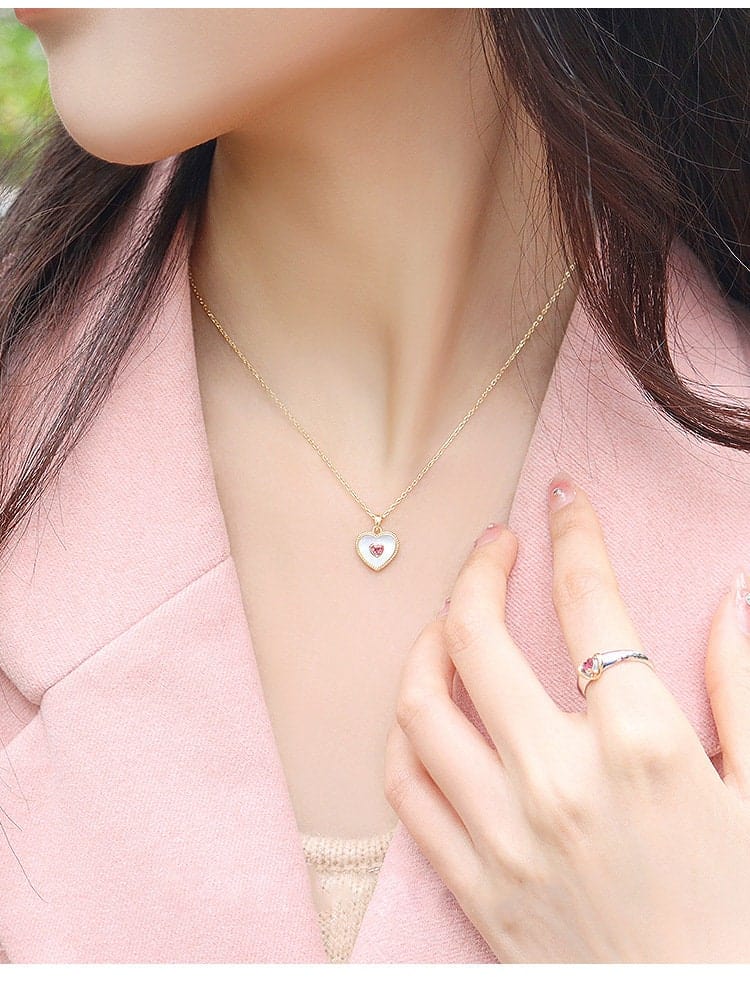 Gold Filled Rhinestone Shell Heart Pendant Necklace