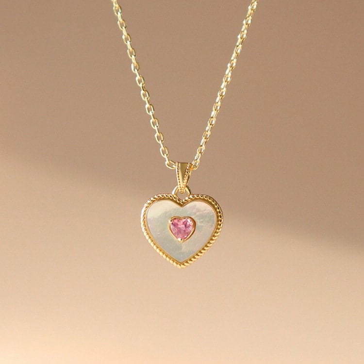 Gold Filled Rhinestone Shell Heart Pendant Necklace