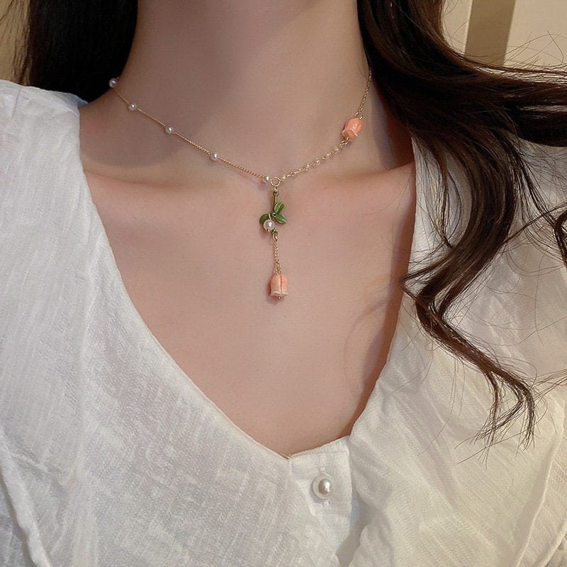 Pink Tulip Crystal Pearl Chain Necklace Earrings Set