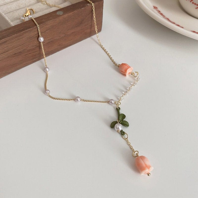 Pink Tulip Crystal Pearl Chain Necklace Earrings Set