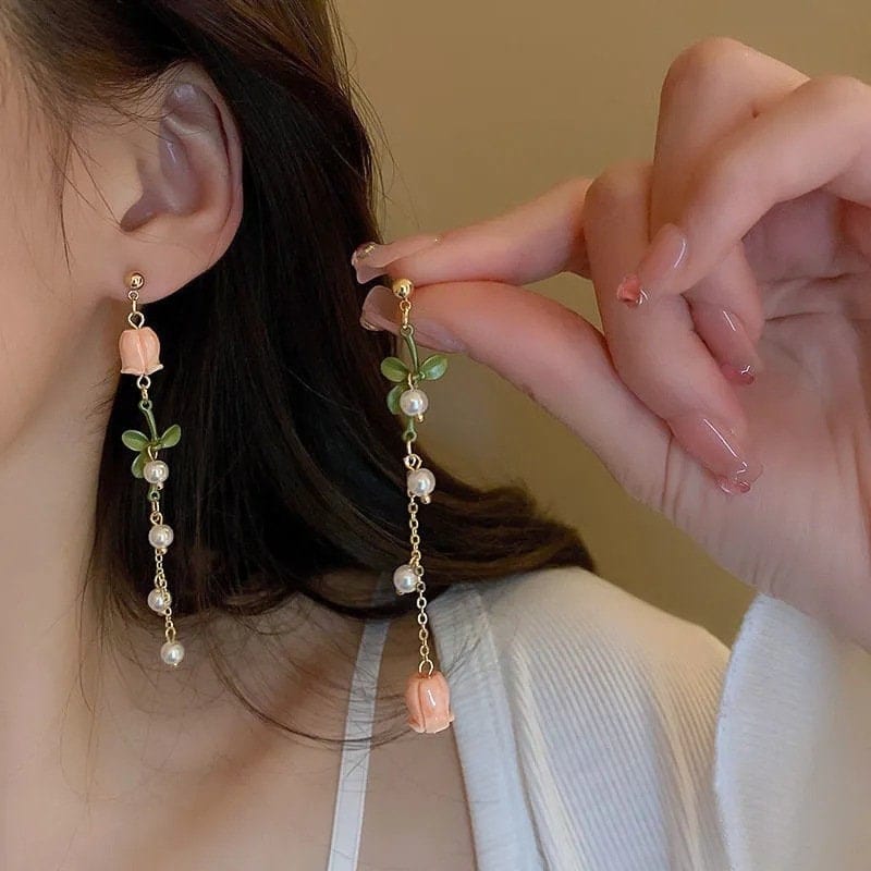 Pink Tulip Crystal Pearl Chain Necklace Earrings Set