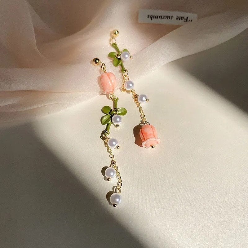 Pink Tulip Crystal Pearl Chain Necklace Earrings Set