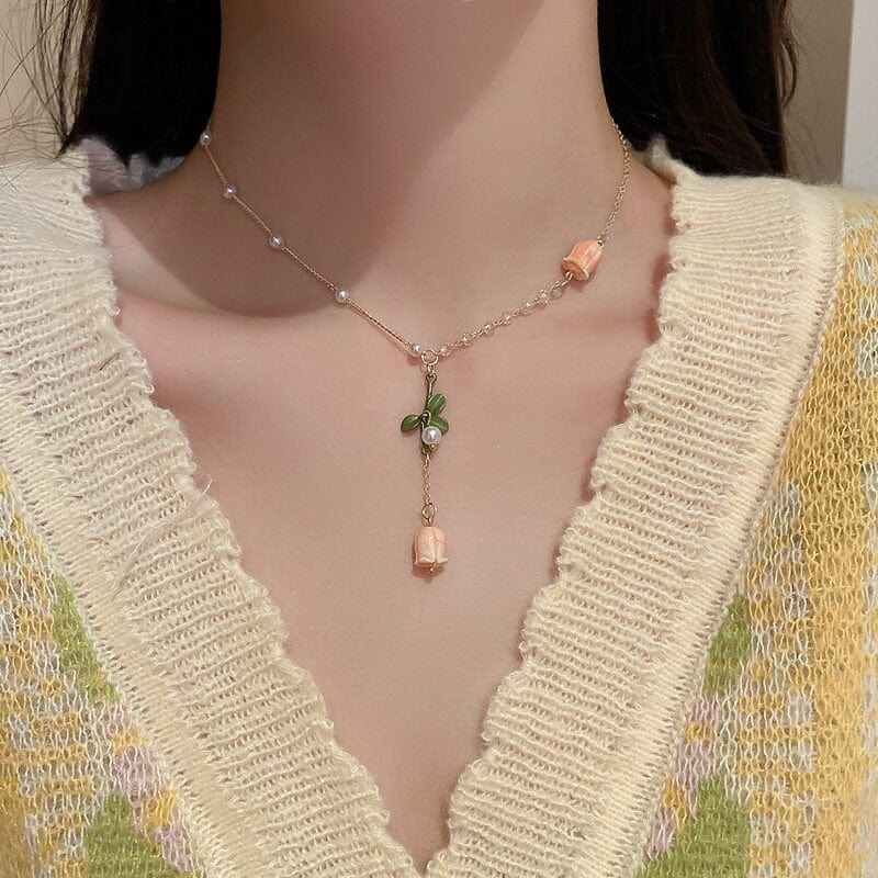 Pink Tulip Crystal Pearl Chain Necklace Earrings Set