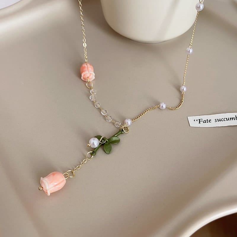 Pink Tulip Crystal Pearl Chain Necklace Earrings Set