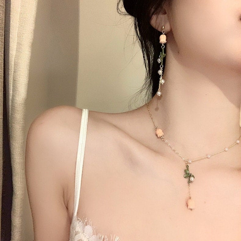 Pink Tulip Crystal Pearl Chain Necklace Earrings Set