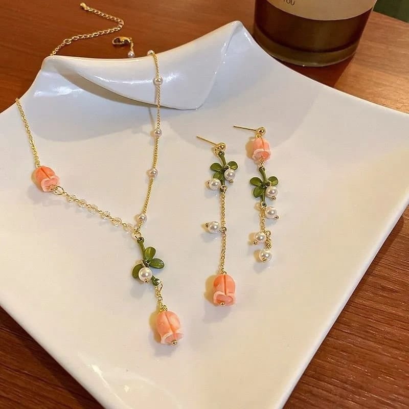 Pink Tulip Crystal Pearl Chain Necklace Earrings Set