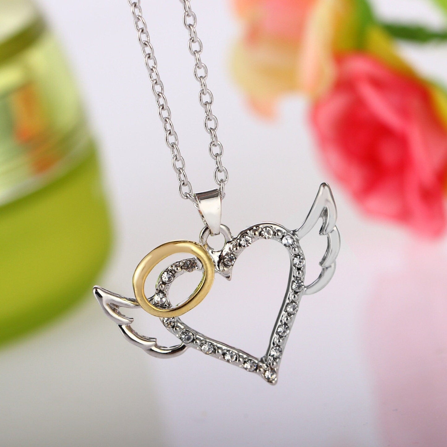 Delicate Angel Wing Heart Pendant Necklace