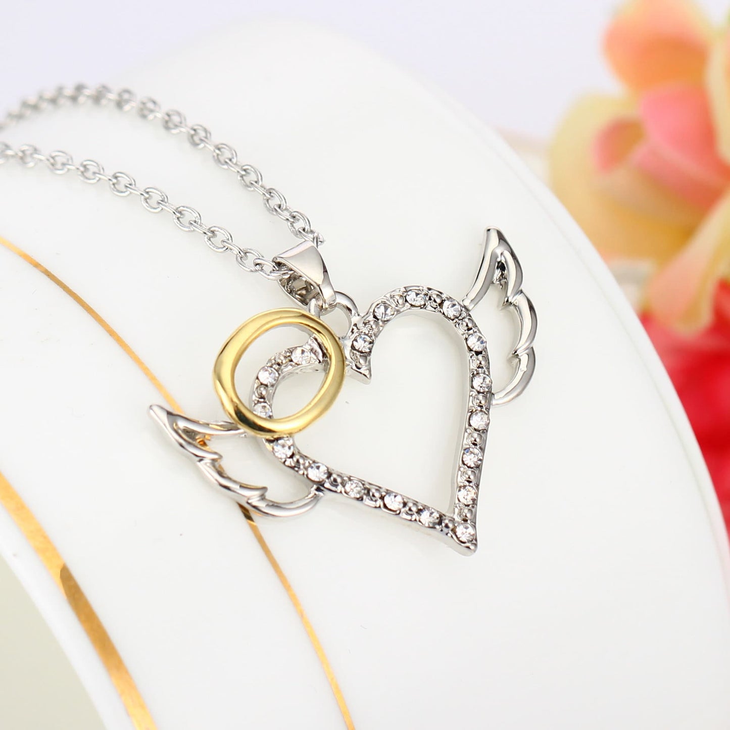 Delicate Angel Wing Heart Pendant Necklace