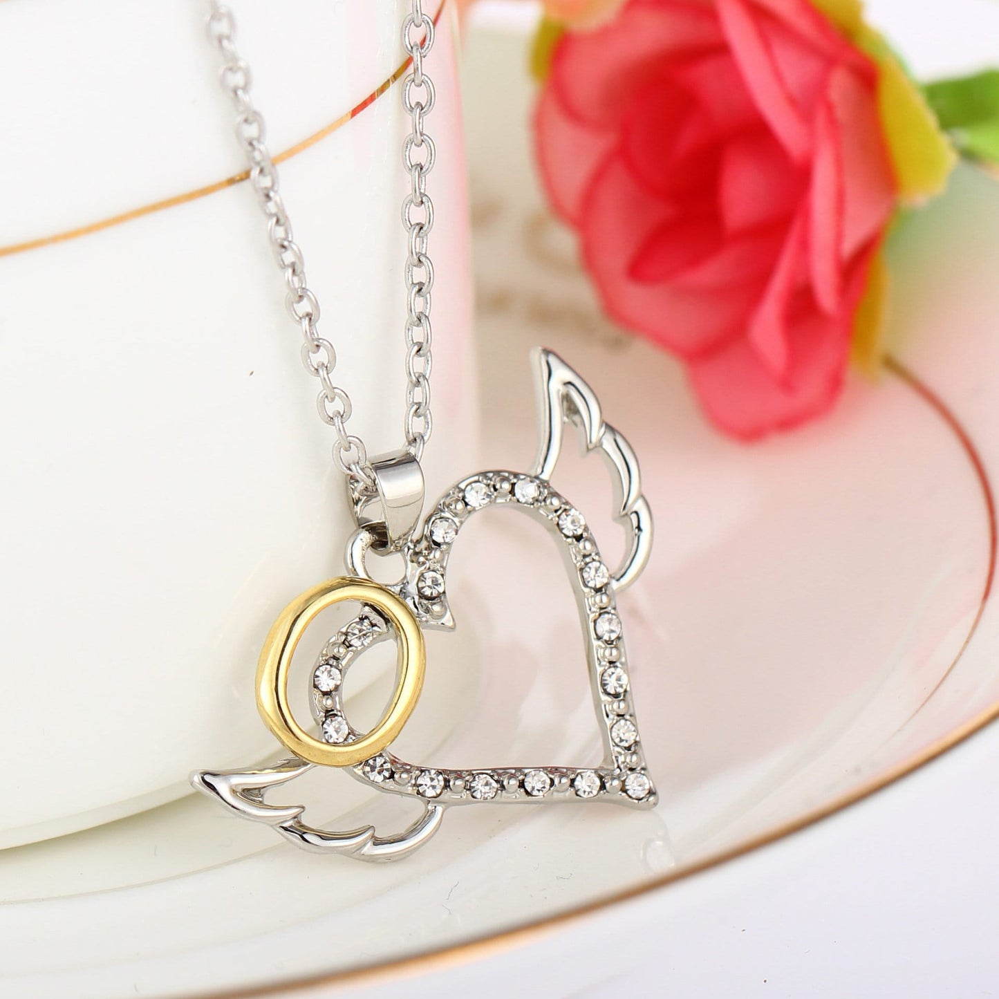 Delicate Angel Wing Heart Pendant Necklace