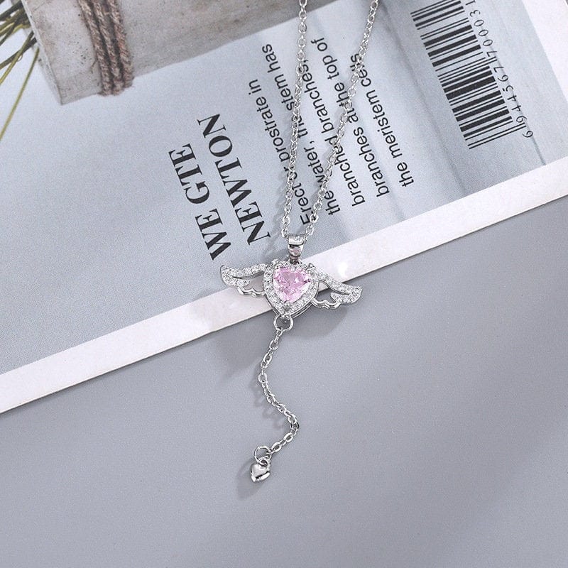 Sweet Pink Cupid Heart Wings Matching Necklace