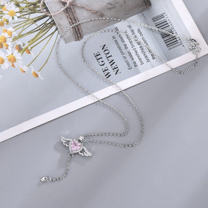 Sweet Pink Cupid Heart Wings Matching Necklace