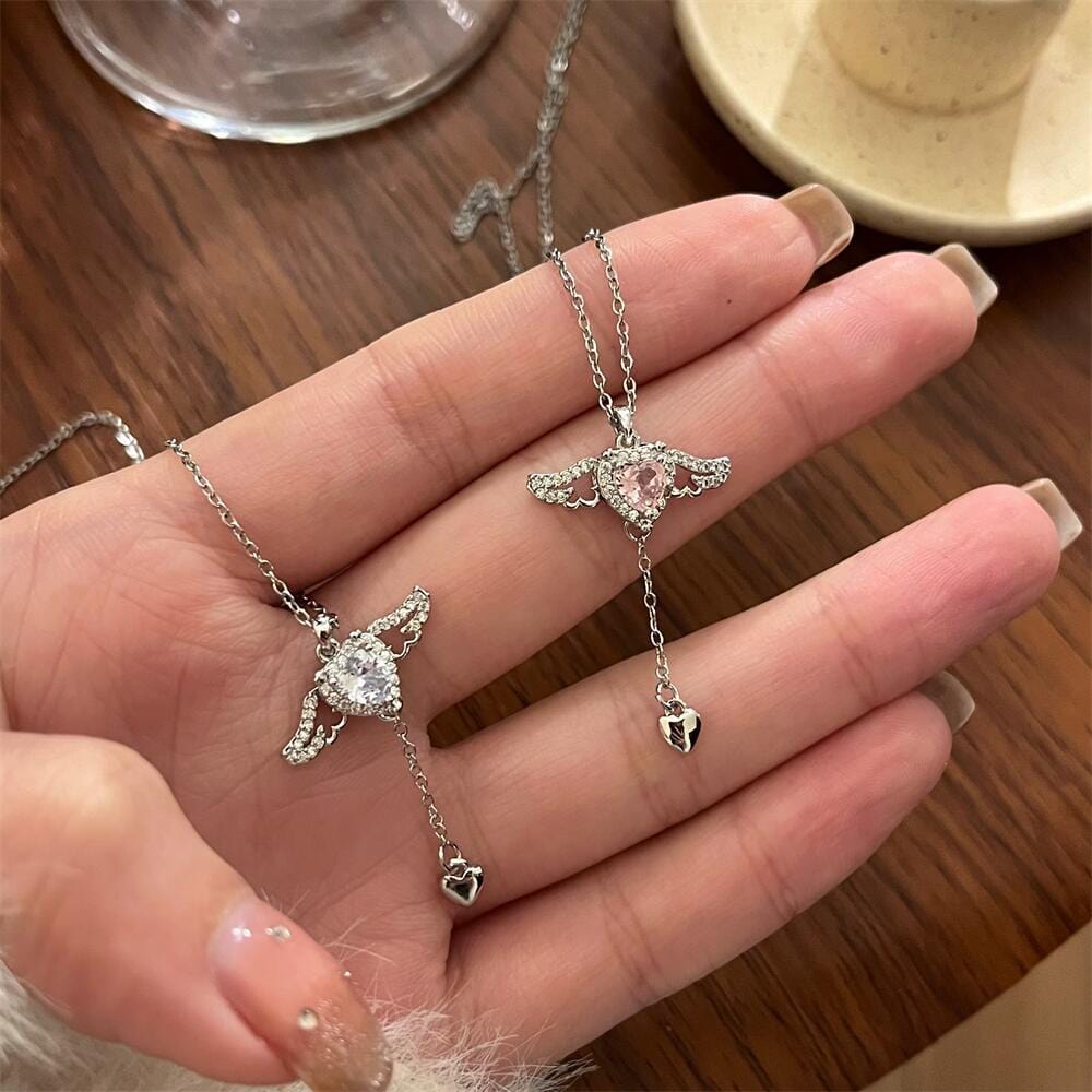Sweet Pink Cupid Heart Wings Matching Necklace