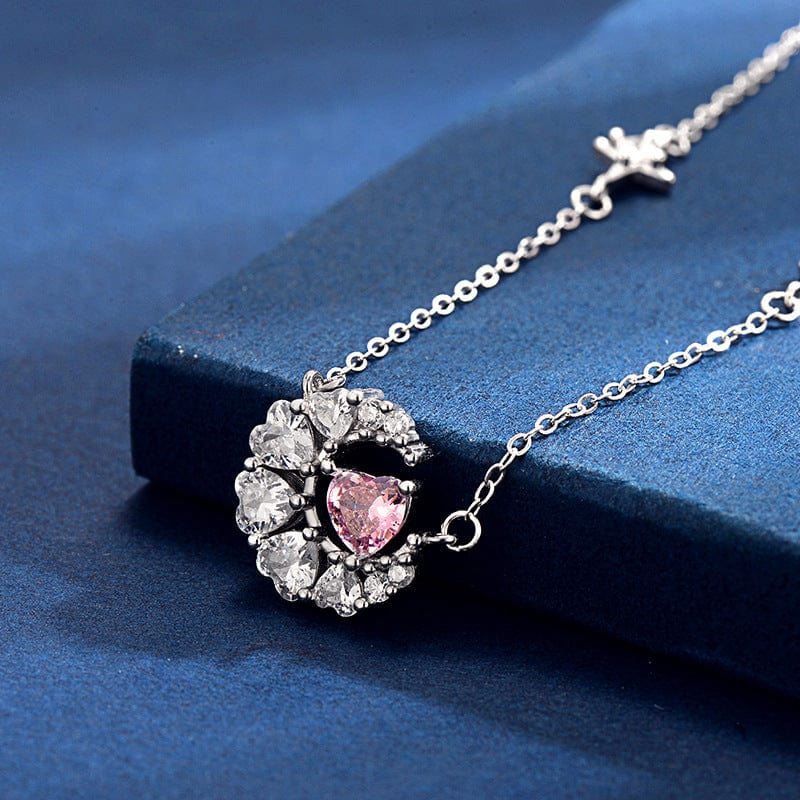 Delicate Crystal Heart Moon Phase Necklace