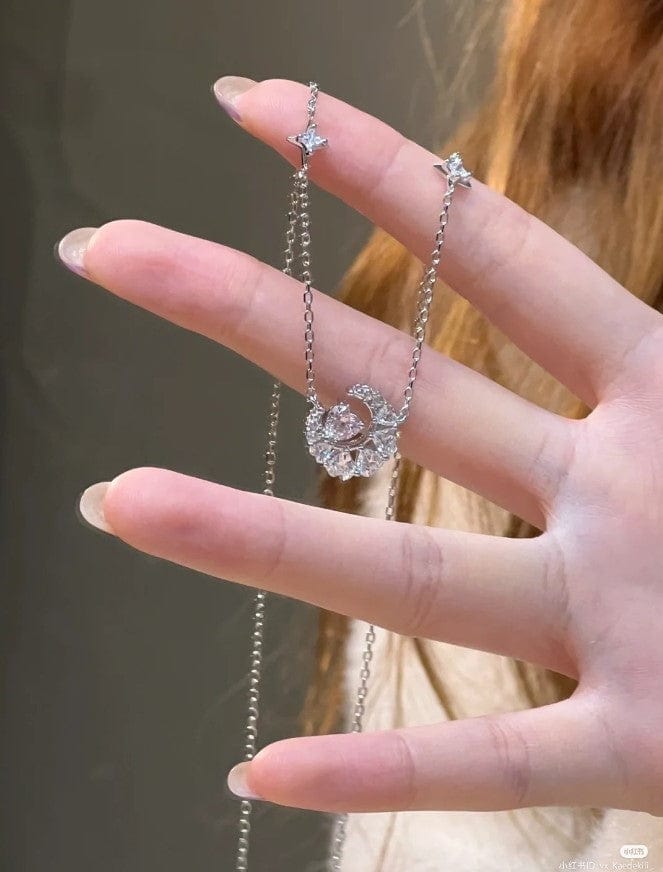 Delicate Crystal Heart Moon Phase Necklace