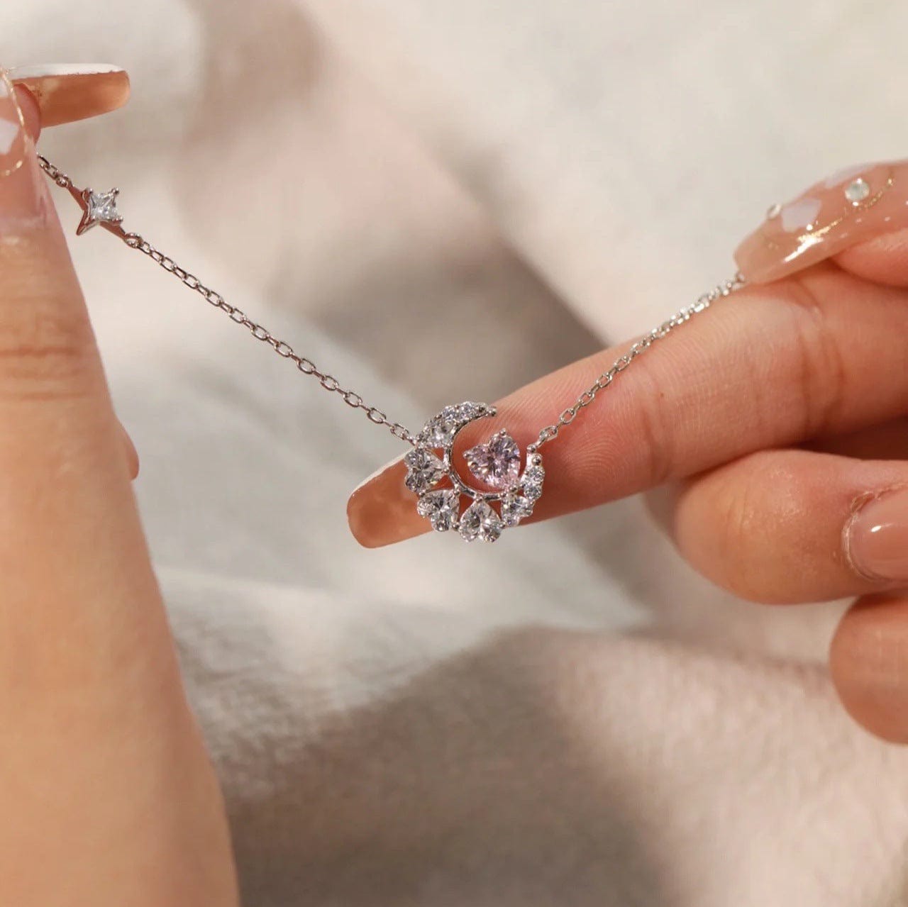 Delicate Crystal Heart Moon Phase Necklace