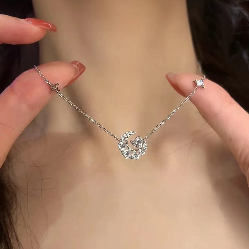 Delicate Crystal Heart Moon Phase Necklace