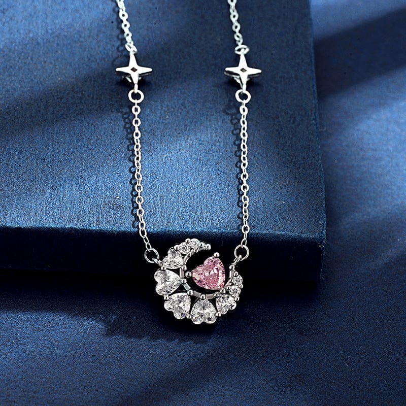 Delicate Crystal Heart Moon Phase Necklace