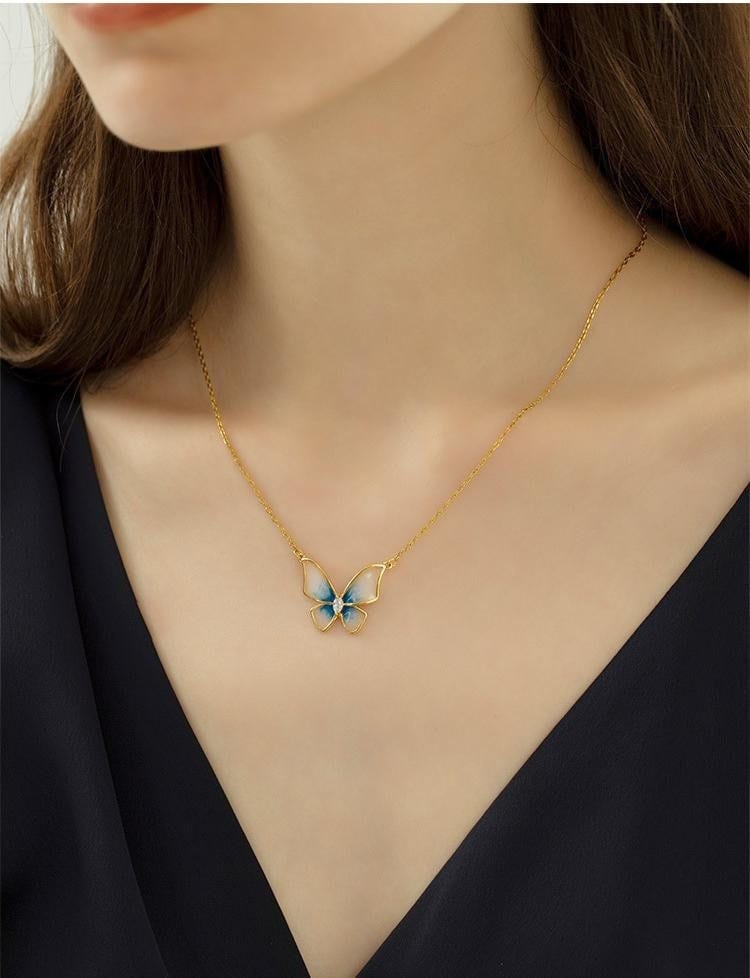 Elegant Enamel Butterfly Necklace Bracelet Set