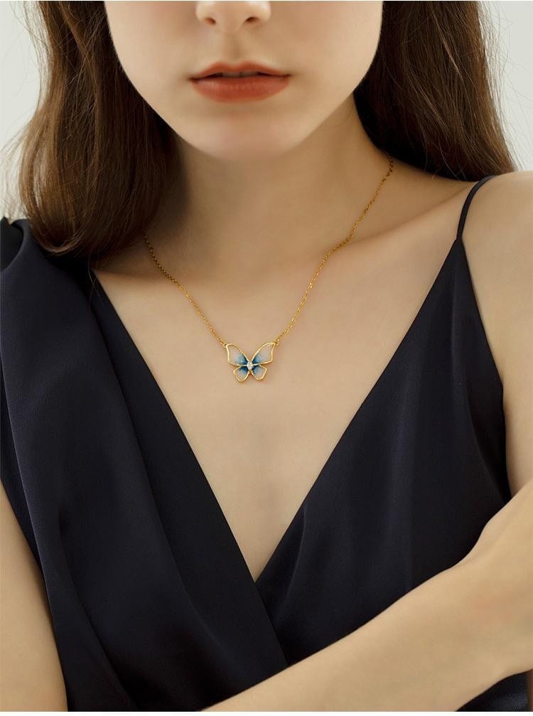 Elegant Enamel Butterfly Necklace Bracelet Set