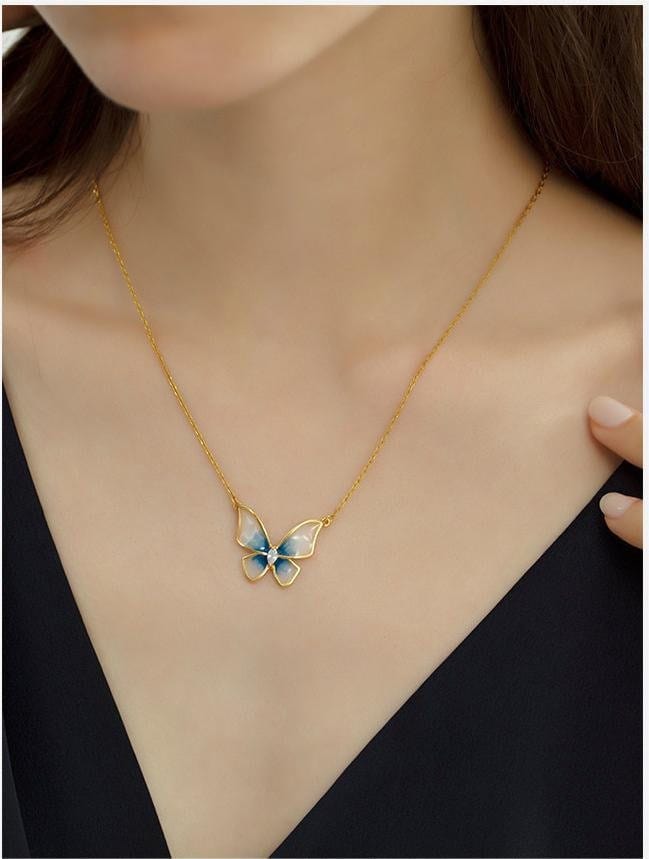 Elegant Enamel Butterfly Necklace Bracelet Set