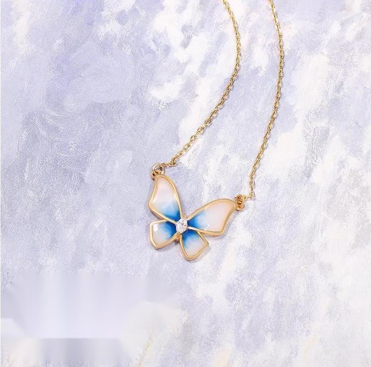 Elegant Enamel Butterfly Necklace Bracelet Set