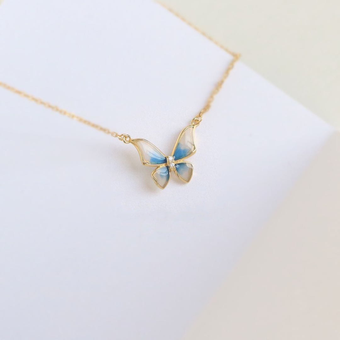 Elegant Enamel Butterfly Necklace Bracelet Set