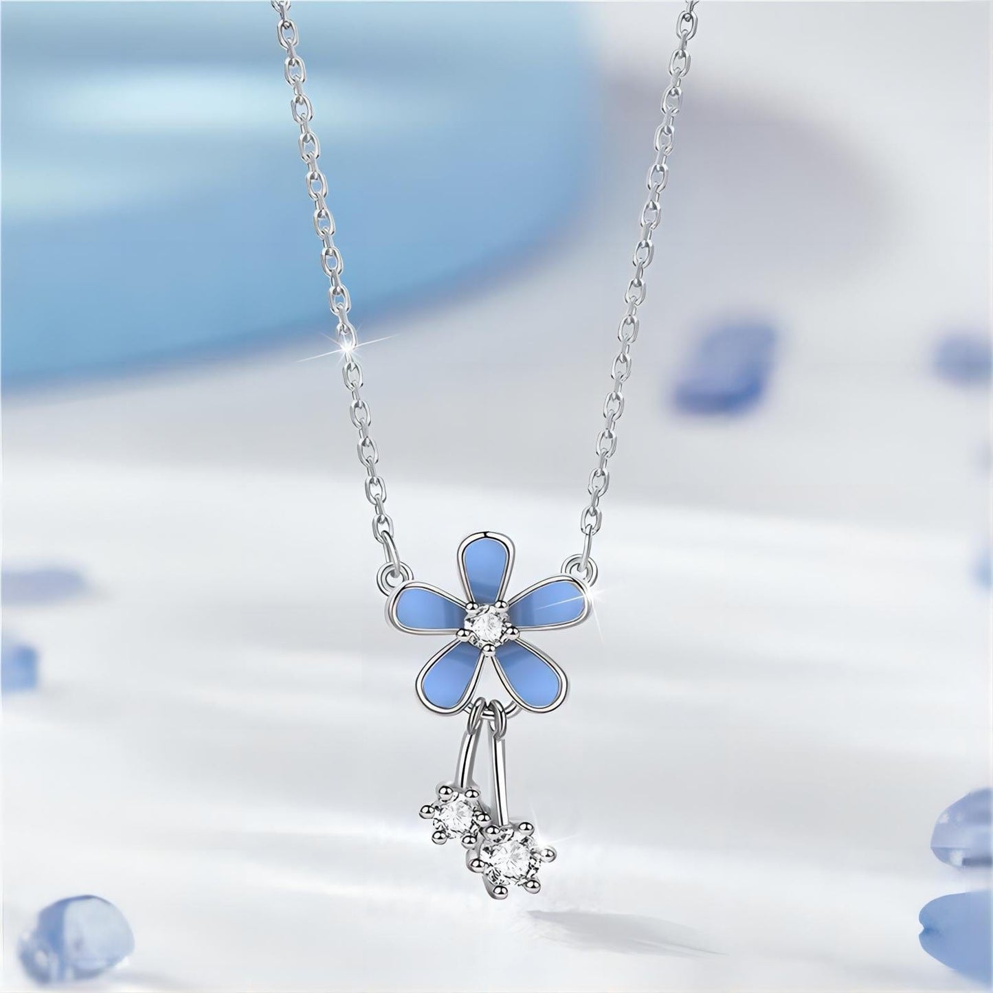 Elegant Blue Daisy Necklace
