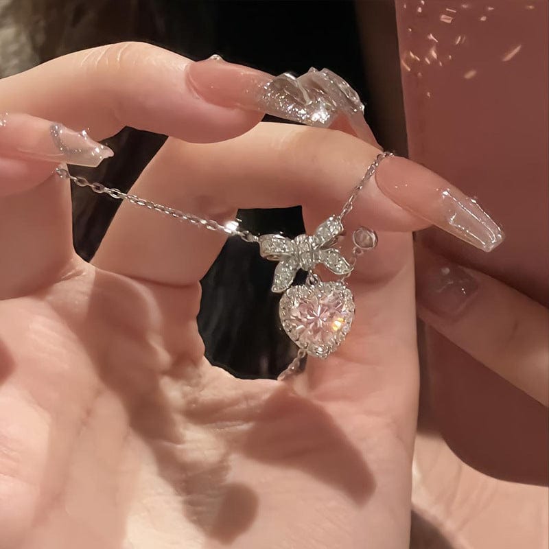 Sweet Charming Pink Crystal Bowknot Heart Necklace