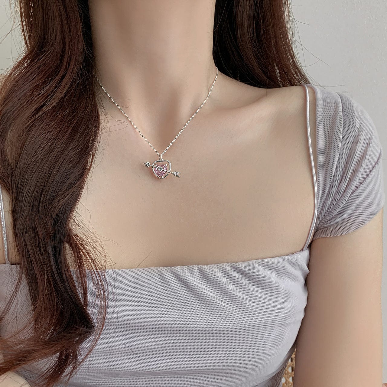 Classy Pink Crystal Cupid Arrow Heart Necklace