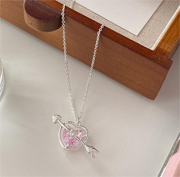 Classy Pink Crystal Cupid Arrow Heart Necklace