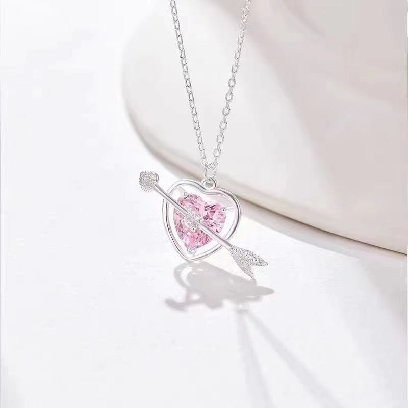 Classy Pink Crystal Cupid Arrow Heart Necklace