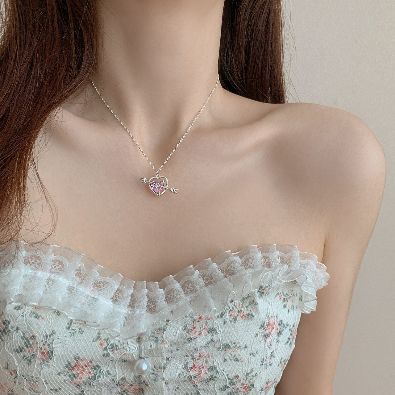 Classy Pink Crystal Cupid Arrow Heart Necklace
