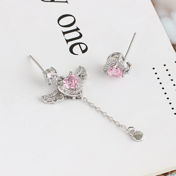 Sweet Chic Pink Crystal Cupid Heart Wings Earrings