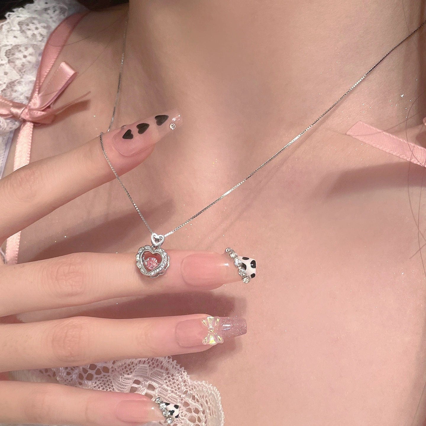 Elegant Pink Crystal Rolling Heart Pendant Necklace