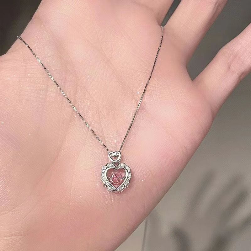 Elegant Pink Crystal Rolling Heart Pendant Necklace